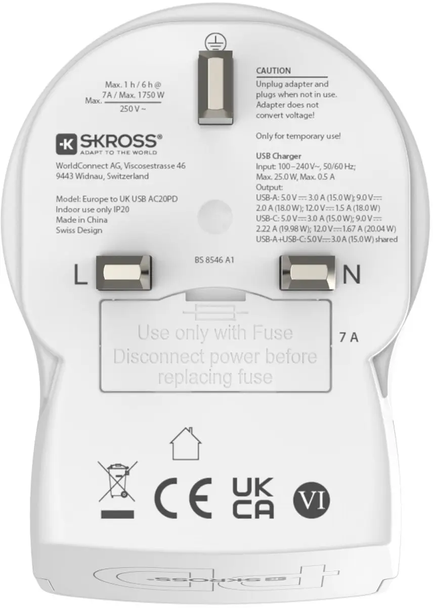 Hama Skross Reisstekker EUR naar UK - USB-A + USB-C PD Wit