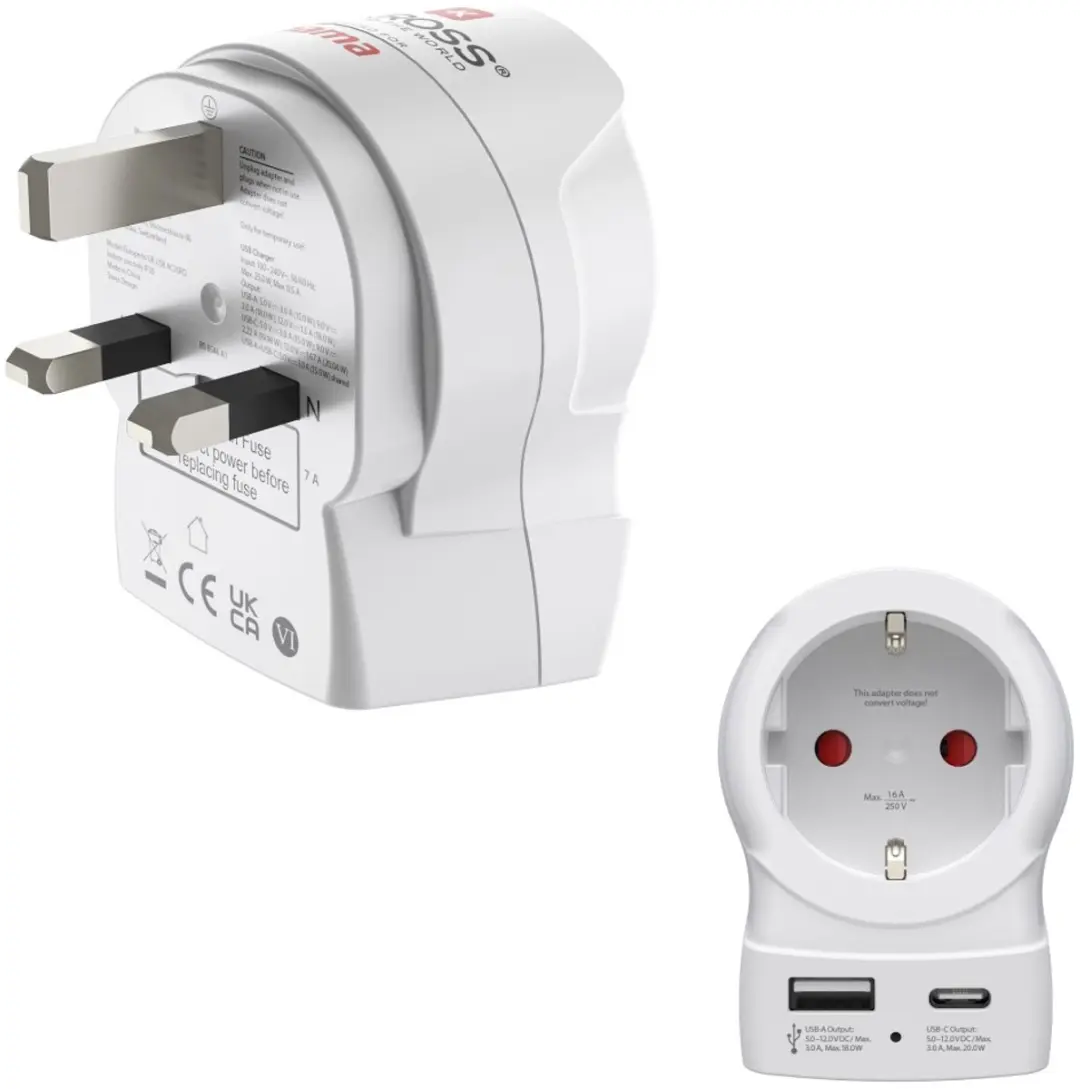 Hama Skross Reisstekker EUR naar UK - USB-A + USB-C PD Wit