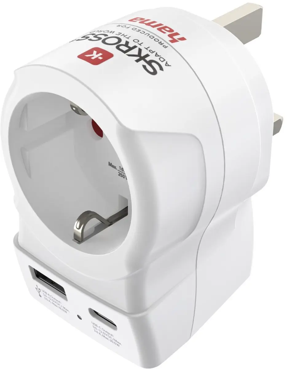 Hama Skross Reisstekker EUR naar UK - USB-A + USB-C PD Wit