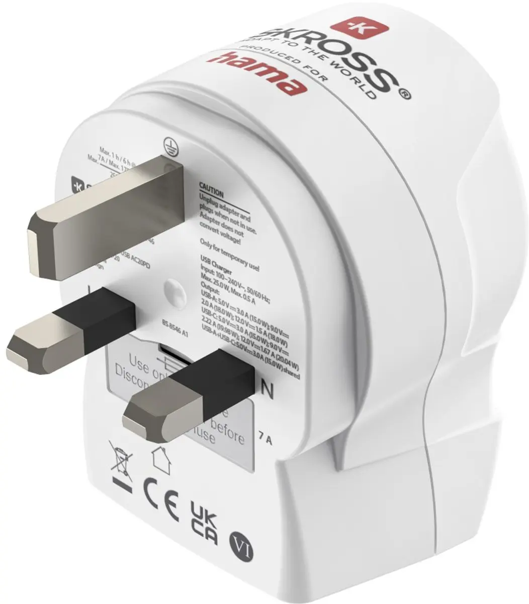 Hama Skross Reisstekker EUR naar UK - USB-A + USB-C PD Wit