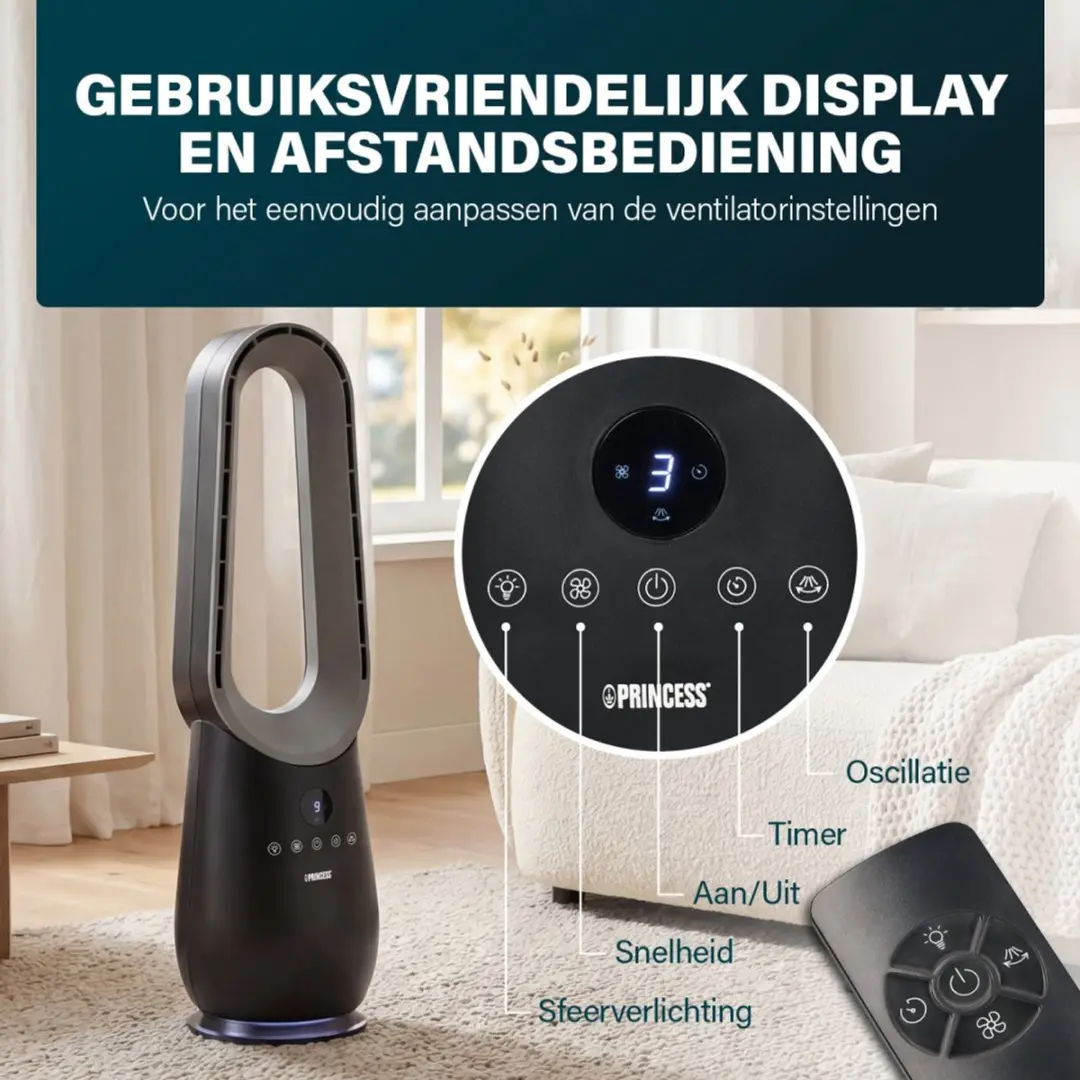 Princess Bladeless Torenventilator 70W - 4 Snelheden - Oscillerend - Zwart - afbeelding 2 van 6