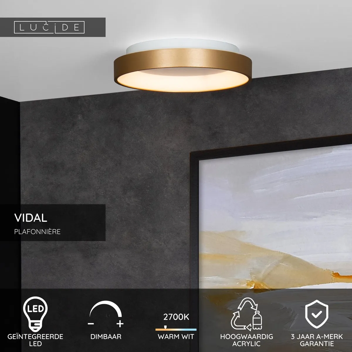 Lucide Vidal Plafonnière Ø28cm - LED 20W 2700K Mat Goud