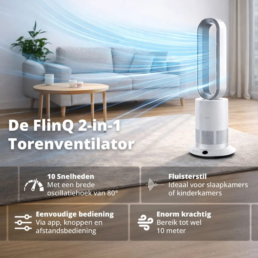 FlinQ Smart ClimateTower 2-in-1 Ventilator - 10 Snelheden - Wit - afbeelding 6 van 6