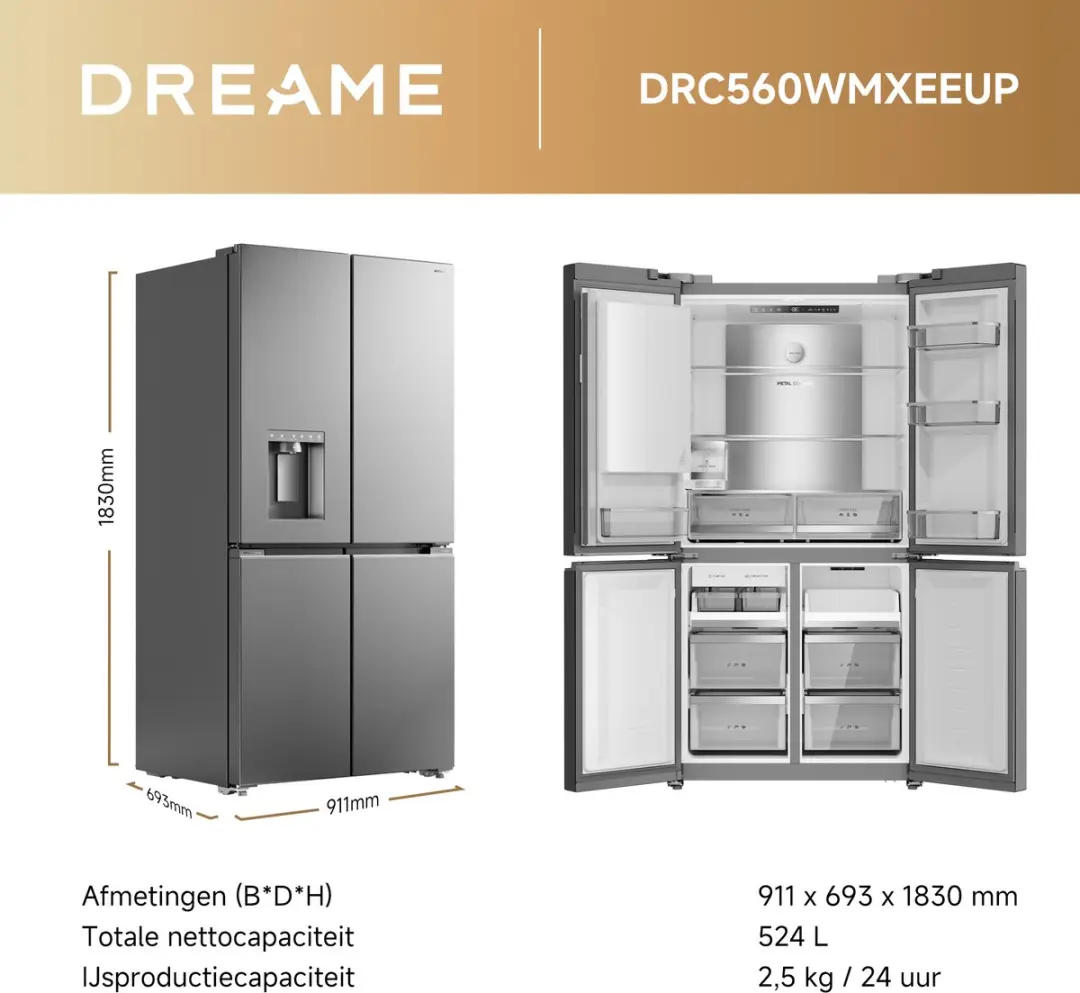 Dreame FizzFresh DRC560WMXEEUP Side-by-side Koelkast - 456L - SparklingBar & IceDUO