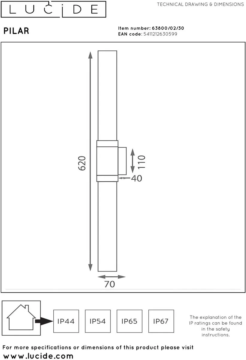 Lucide Pilar Wandlamp 2xE27 IP54 - Zwart