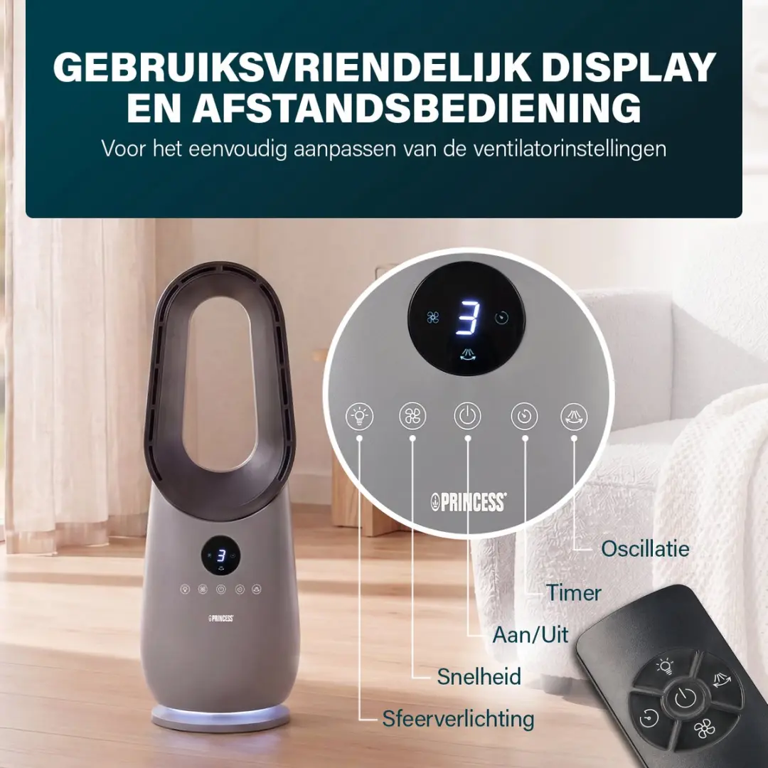 Princess 01.351582.01.001 Bladeless Ventilator 70W - Lichtgrijs - afbeelding 2 van 6