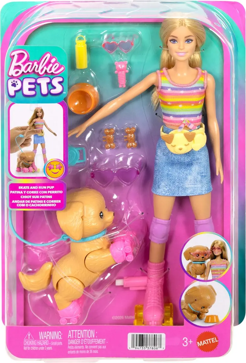 Barbie Pets Skaten en Rennen Pup - Blonde Pop met Puppy en Skates