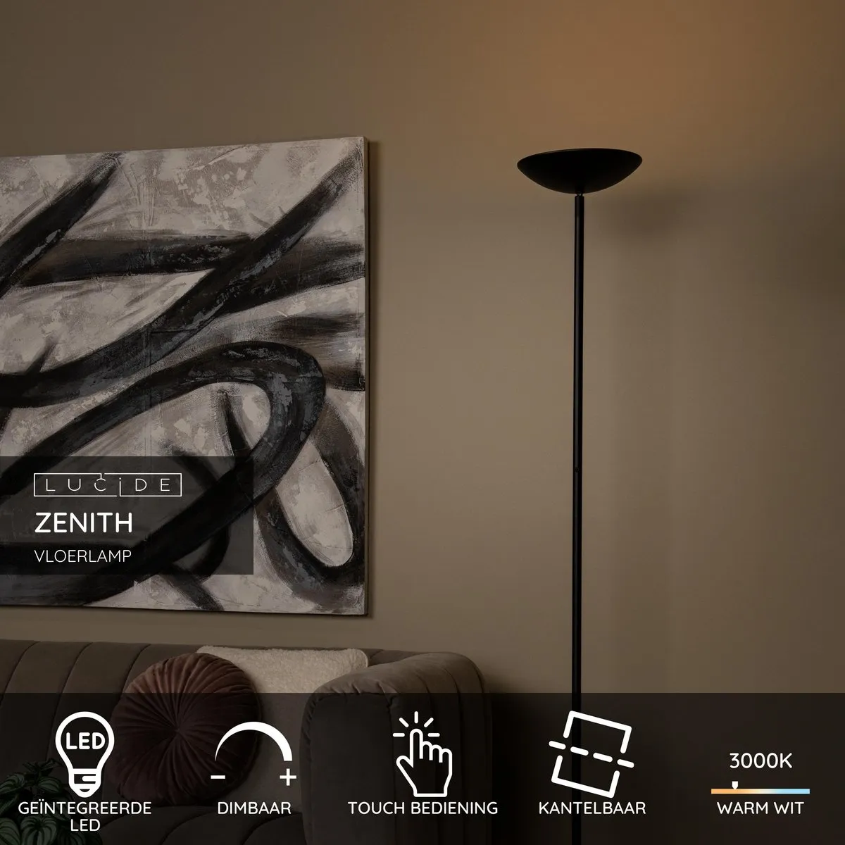 Lucide Zenith Vloerlamp LED 20W 3000K - Zwart
