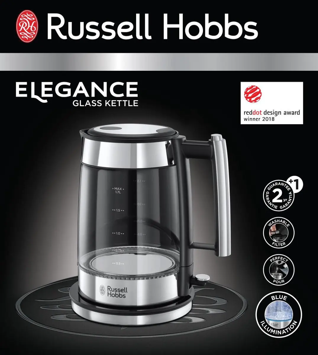 Russell Hobbs Elegance Glass Waterkoker 2200W - 1.7L - Zilver