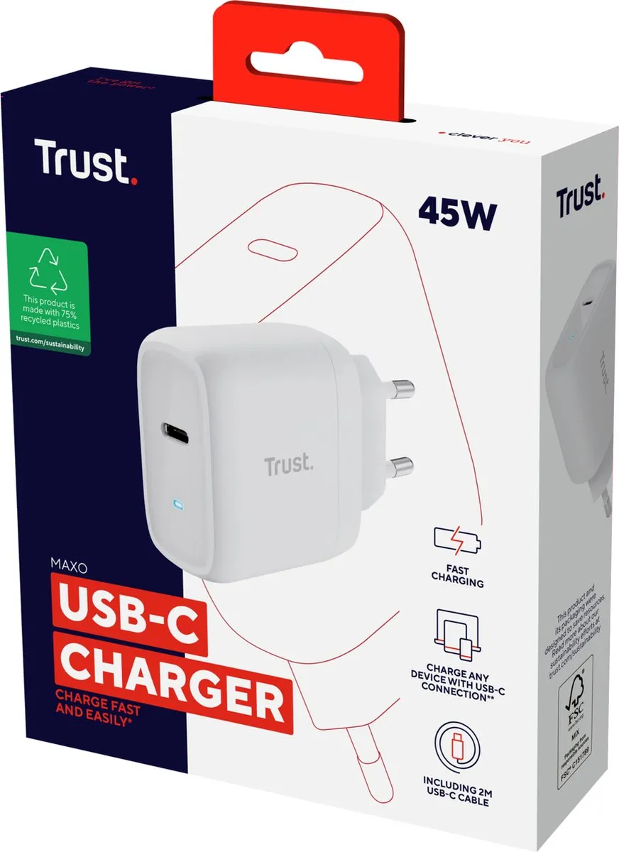 Trust Maxo Laptoptoplader 45W - USB-C - 2m - Wit