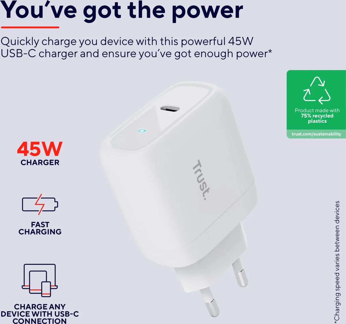 Trust Maxo Laptoptoplader 45W - USB-C - 2m - Wit