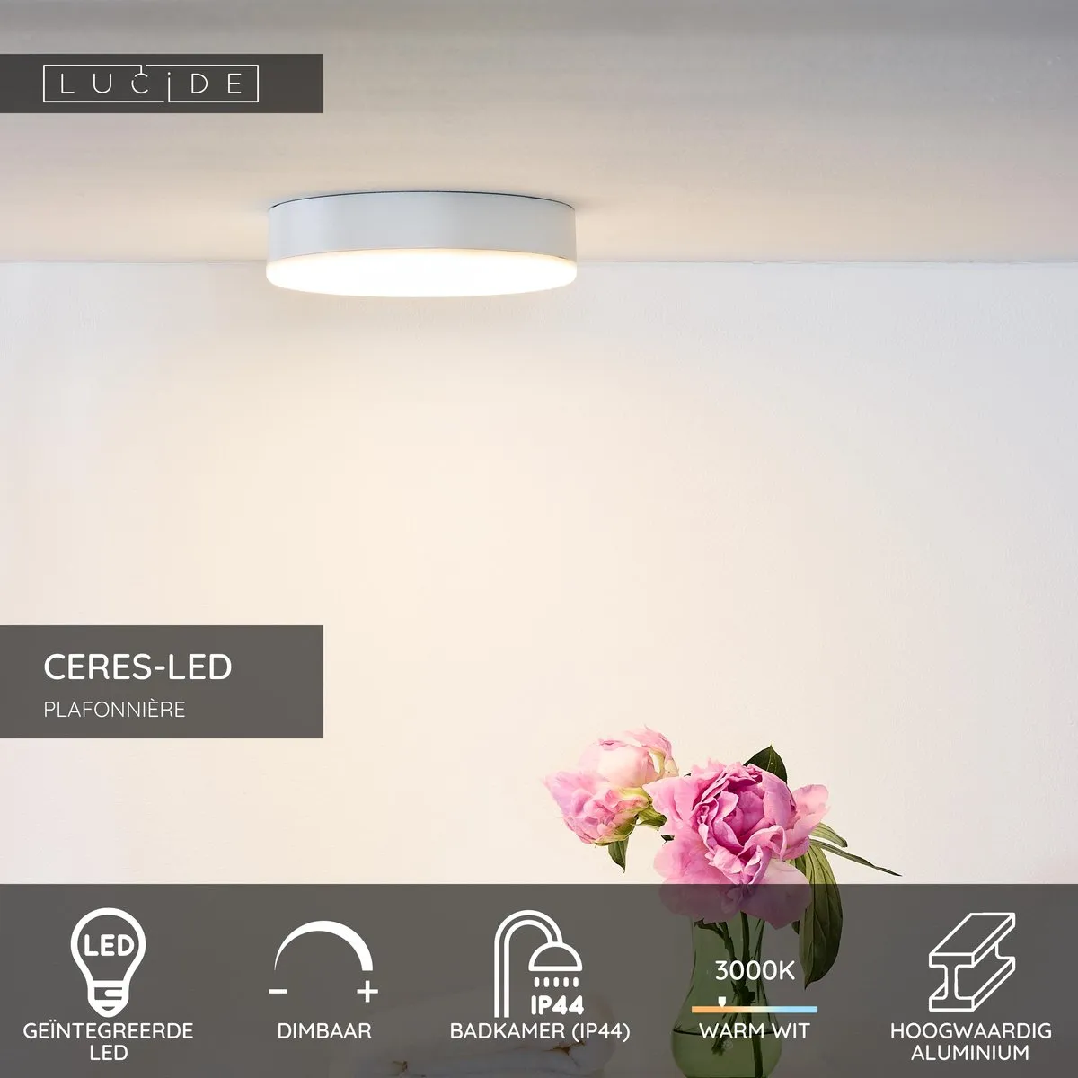 Lucide CERES-LED Plafondlamp Ø21,5cm - 3000K - IP44 - Wit