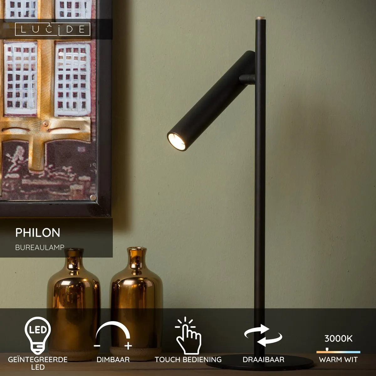 Lucide Philon Bureaulamp - Ø13cm - 4,5W Warm Wit - Zwart