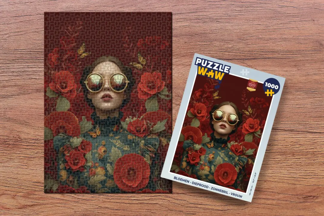 PuzzleWow Bloemen Zonnebril Vrouw Legpuzzel 1000 Stuks - Dieprood