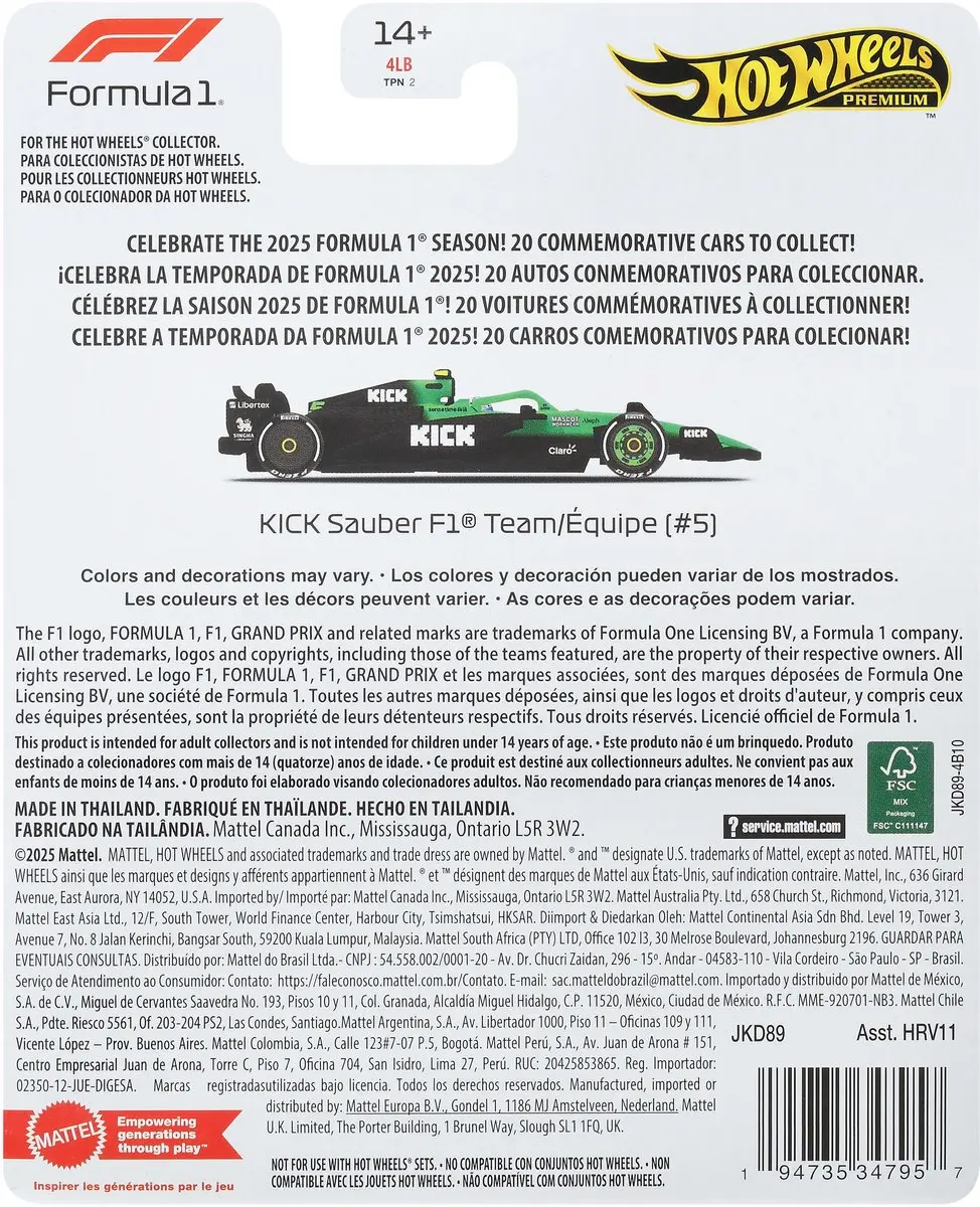 Hot Wheels Premium Formula 1 Sauber Team - Gabriel Bortoleto 2025 JKD89