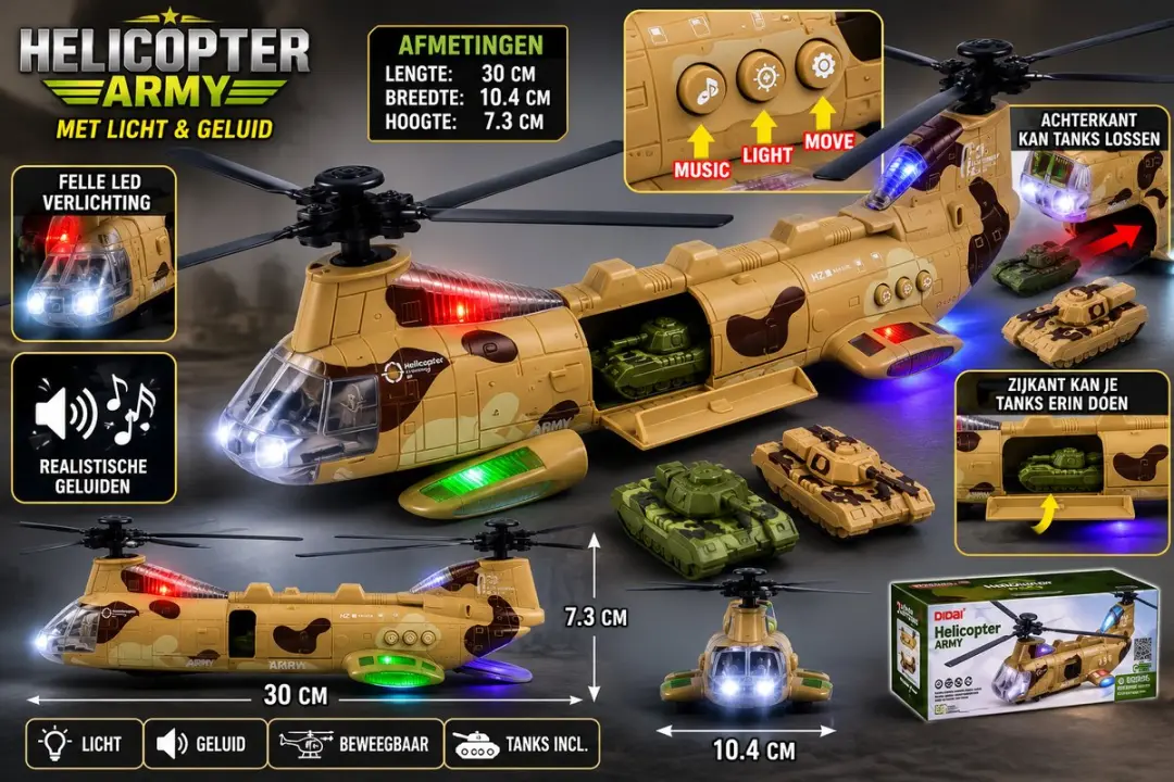 698 JIAN SHENG Didai Army Chinook LD177A Speelgoedhelikopter - 3 Tanks - Licht & Geluid