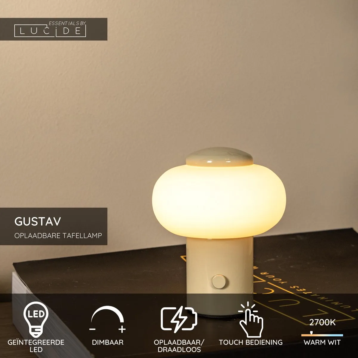 Lucide Gustav Oplaadbare Tafellamp - Ø8cm LED 2700K - Beige