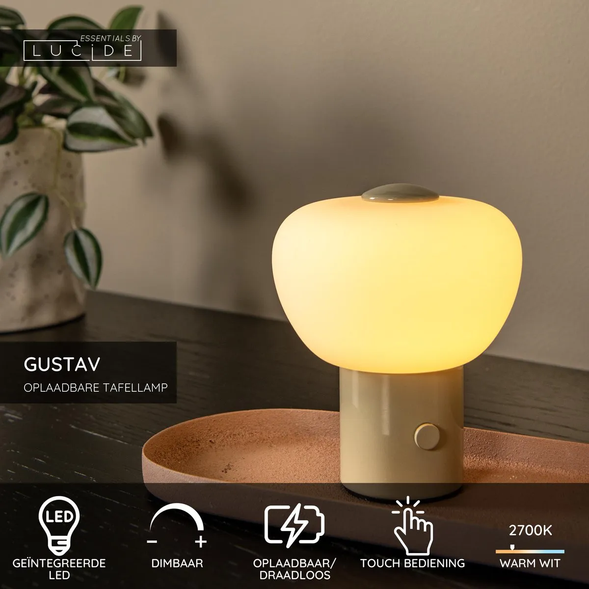 Lucide Gustav Oplaadbare Tafellamp - Ø8cm LED 2700K - Beige