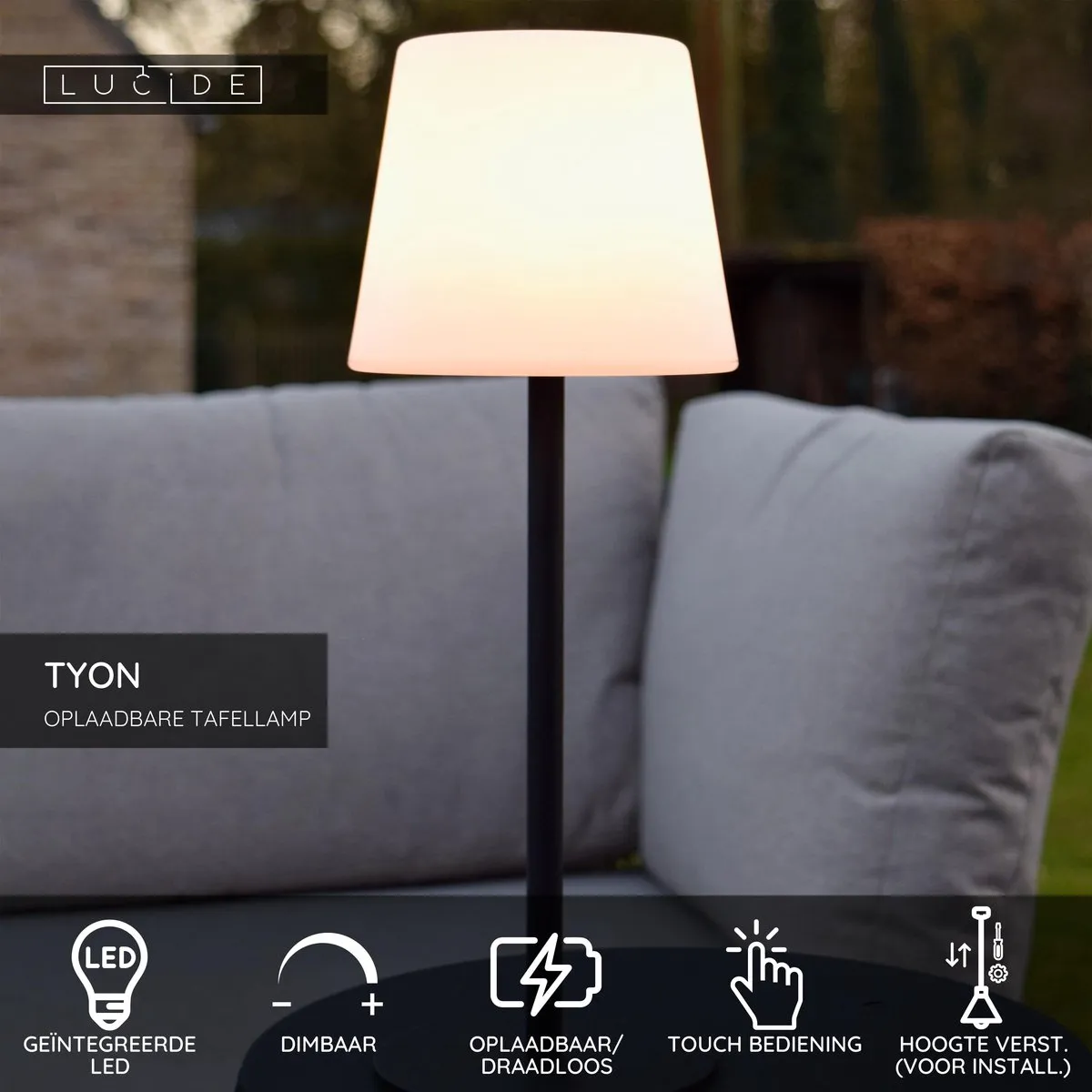 Lucide TYON Oplaadbare LED Tafellamp 2W 2700K - Zwart