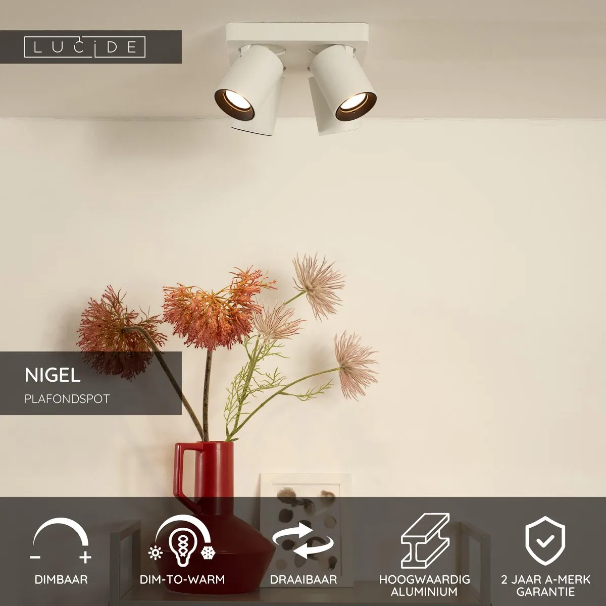 Lucide Nigel Plafondspot LED Dim-to-Warm GU10 - 4x5W Wit