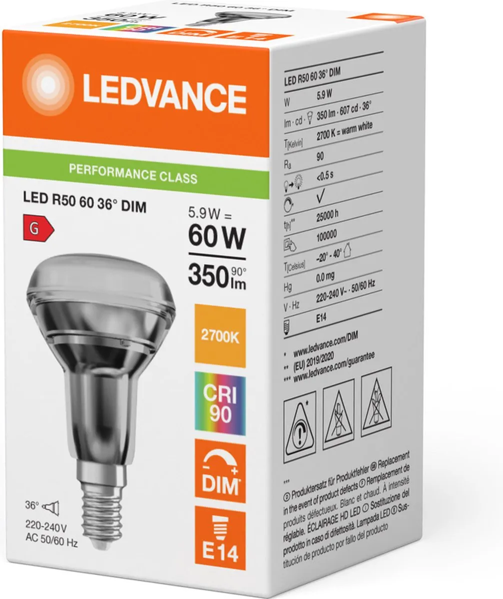 LEDVANCE Performance LED Spot E14 R50 5.9W 350lm - Zeer Warm Wit - afbeelding 6 van 6