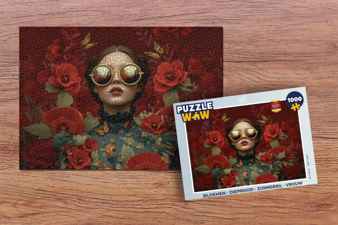 PuzzleWow Bloemen Zonnebril Vrouw Legpuzzel 1000 Stuks - Dieprood