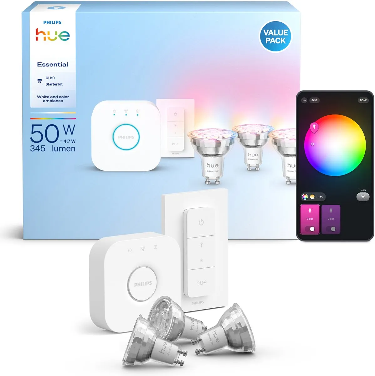 Philips Hue Essential Starterkit - Bridge + 3 GU10 Spots + Dimmer - RGBW