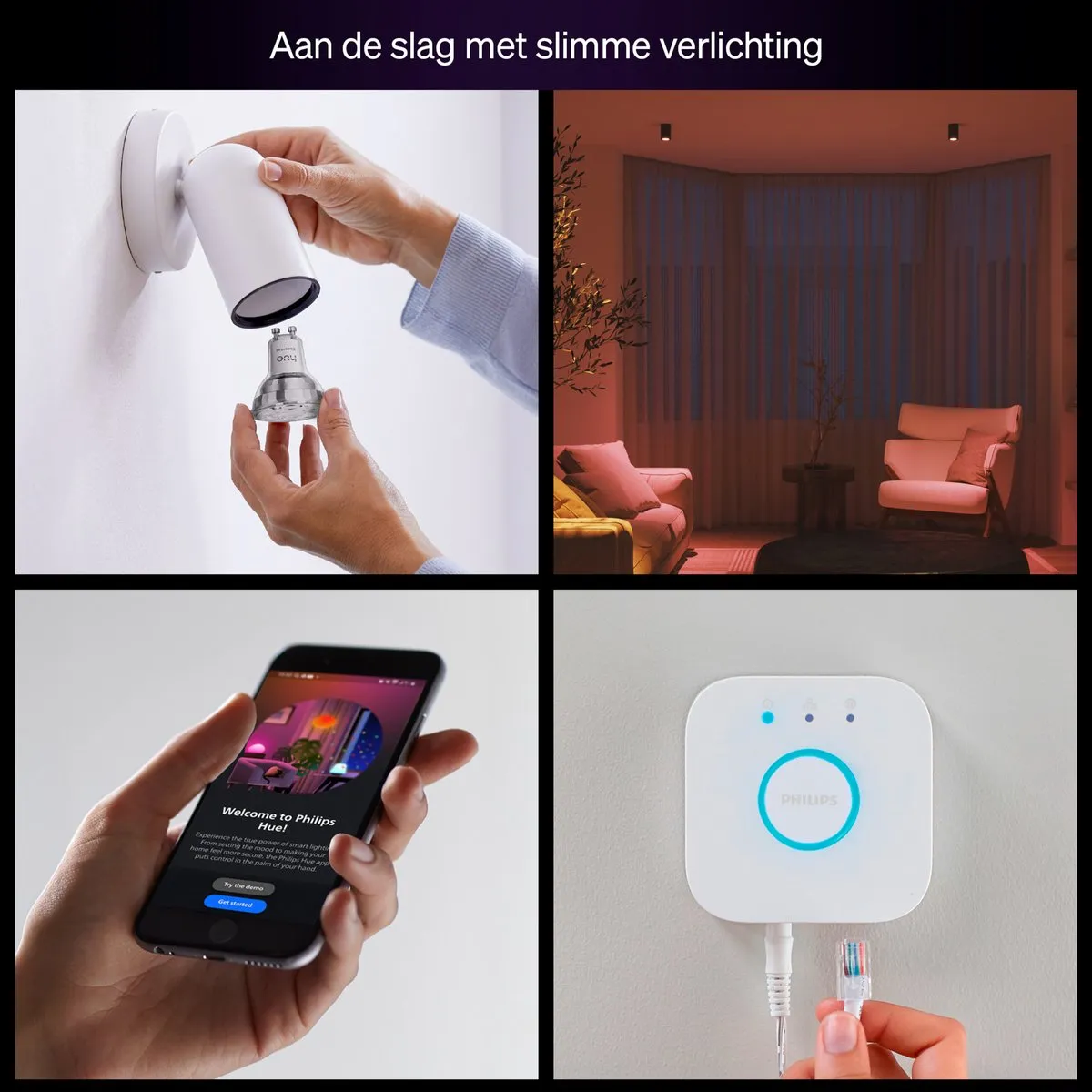 Philips Hue Essential Starterkit - Bridge + 3 GU10 Spots + Dimmer - RGBW