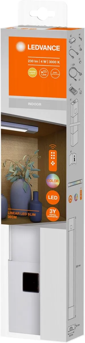 LEDVANCE Batterij-aangedreven armatuur LED: voor kastonderzijden, Linear LED Slim RGBW / 4 W, 220…240 V, stralingshoek: 110, Warm wit, 3000 K, body materiaal: aluminum/polycarbonate (pc), IP20