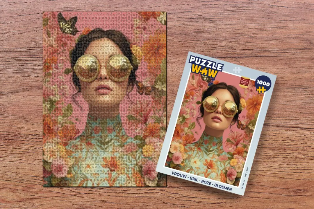 PuzzleWow Vrouw Bril Roze Bloemen Legpuzzel 1000 Stuks