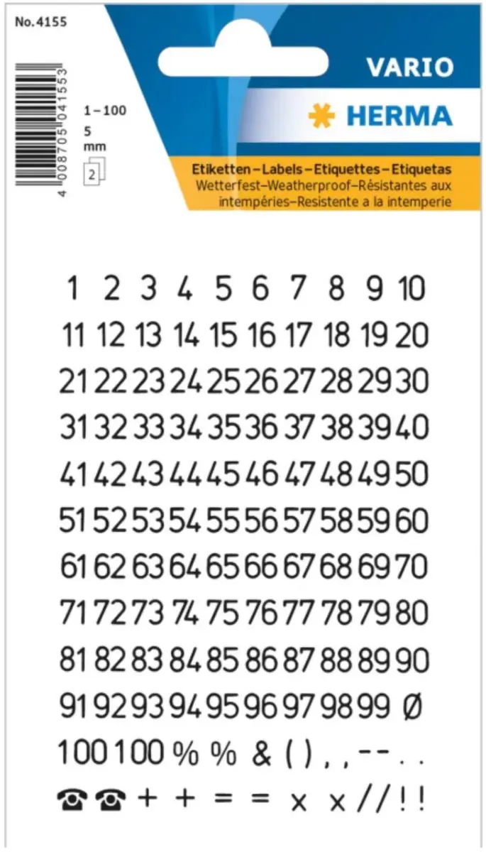 Herma Stickervel Cijfers 1-100 - 4 Vellen - 5mm - Diep zwart - Watervast