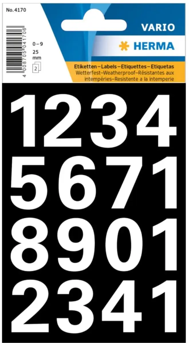 Herma Stickervel Cijfers 0-9 - 4 Vellen - 25mm - Wit - Watervast