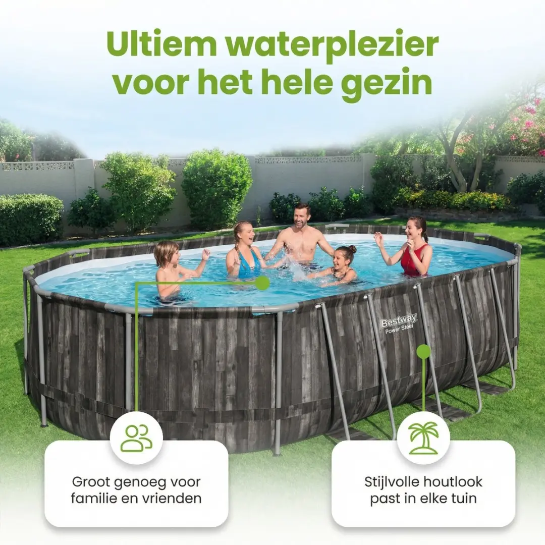 Bestway Ovaal Power Steel Zwembad 610x366x122cm - 8-delig - Grijs