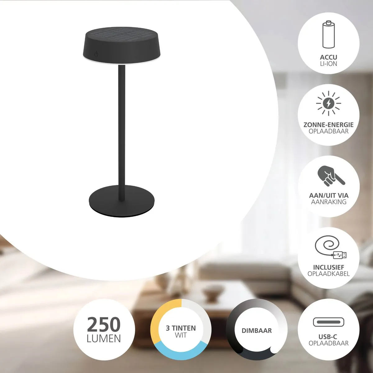 Eglo Simeri Oplaadbare Solar Tafellamp - Zwart - afbeelding 6 van 6