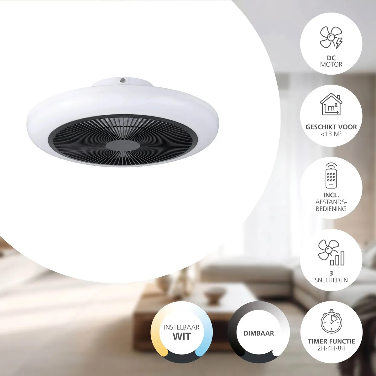 Eglo Sayulita Plafondlamp Ventilator 46cm - Zwart/Wit - 3 standen - afbeelding 6 van 6