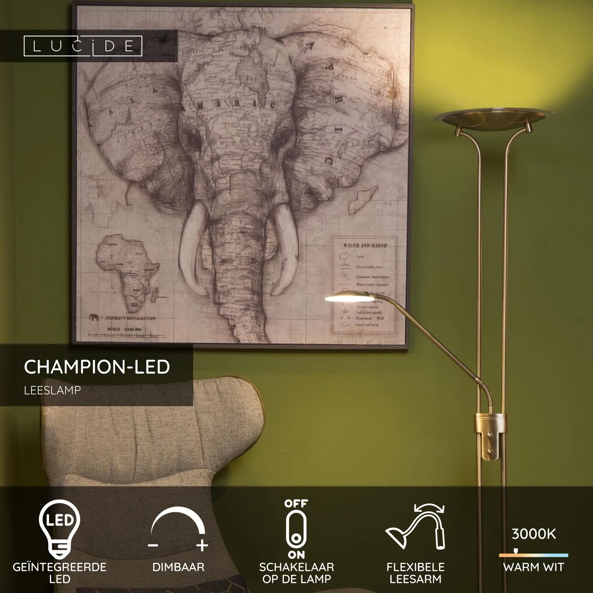 Lucide CHAMPION-LED Leeslamp 3000K - Brons