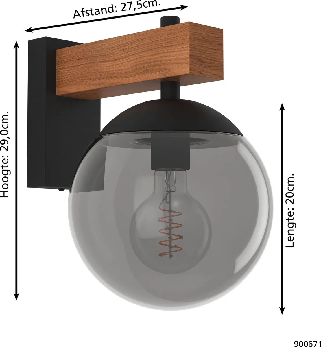 Eglo Bufalata Wandlamp E27 29cm - Zwart/Bruin - afbeelding 6 van 6