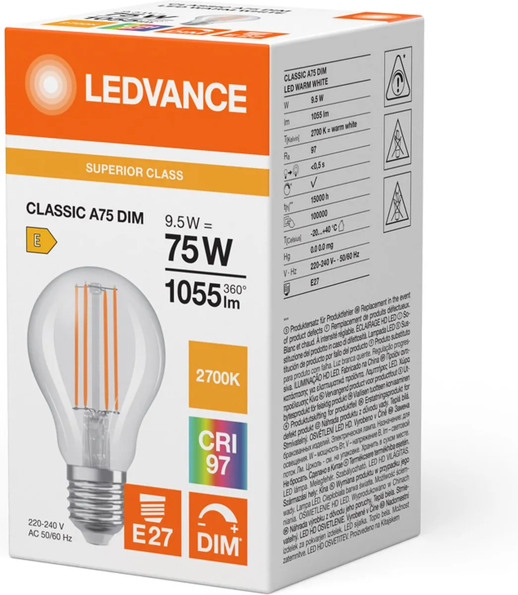 LEDVANCE Classic Superior E27 Peer Filament 9.5W - 1055lm Warm Wit