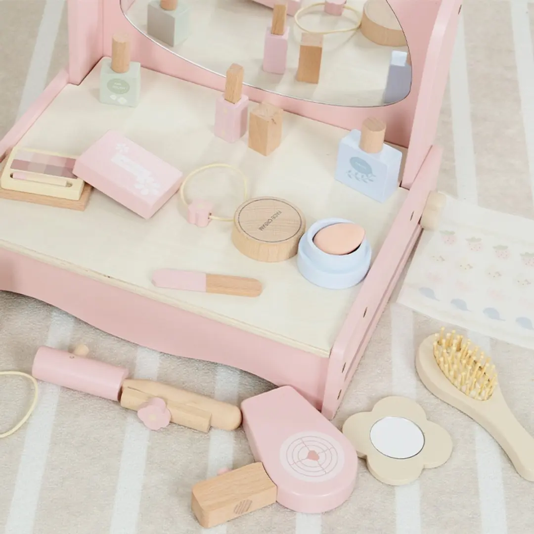 LiasToys Houten Kaptafel Speelgoedset - Pastel Roze - Incl. Accessoires