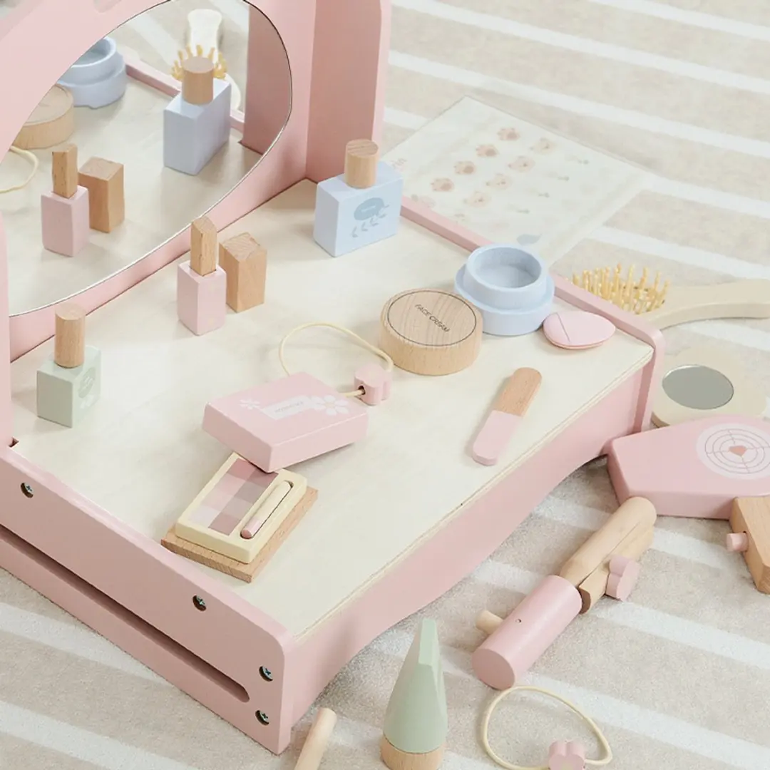 LiasToys Houten Kaptafel Speelgoedset - Pastel Roze - Incl. Accessoires