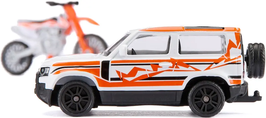SIKU 1114 Land Rover Defender met KTM Moto - Wit/Bruin