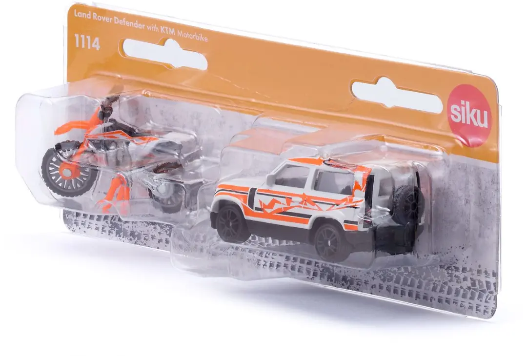 SIKU 1114 Land Rover Defender met KTM Moto - Wit/Bruin