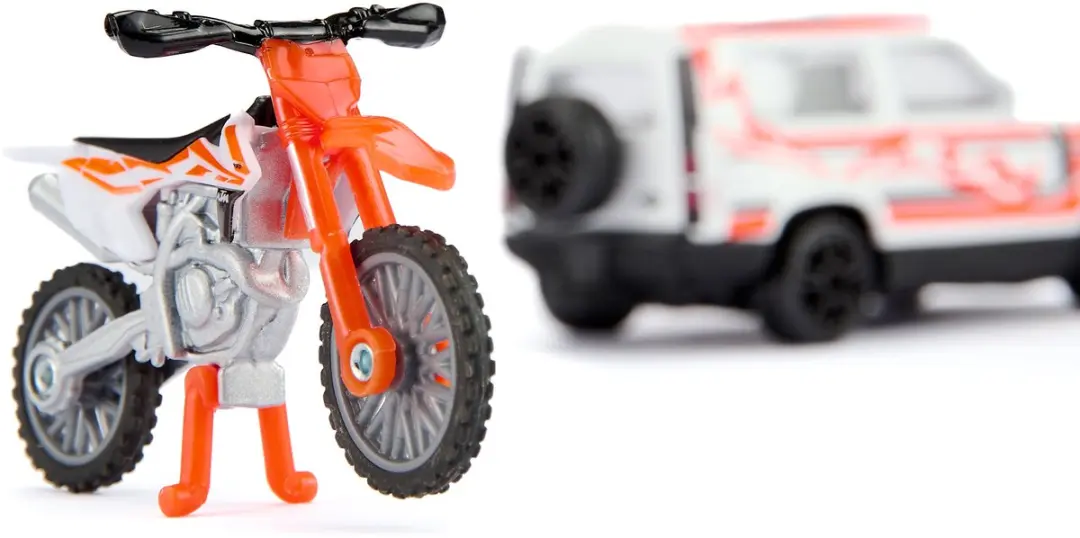 SIKU 1114 Land Rover Defender met KTM Moto - Wit/Bruin