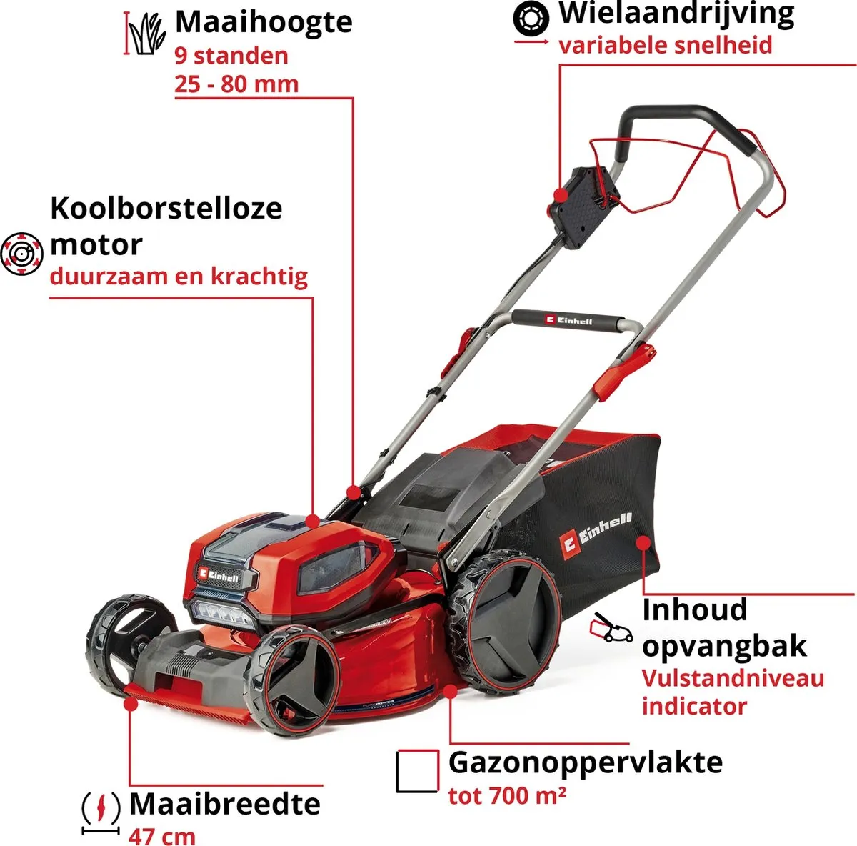 Einhell Accu Grasmaaier GP-CM 36/47 S Li BL Kit - 36V - 47cm - 4x Accu 4.0Ah