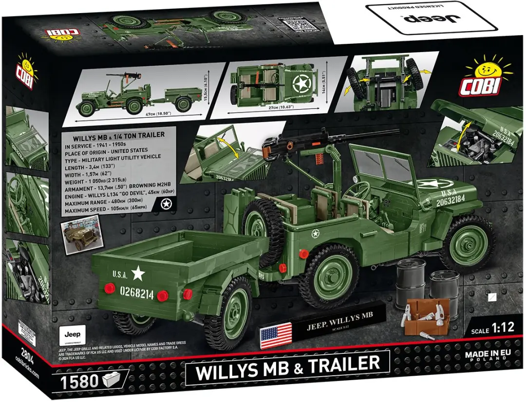 Cobi 2804 Willys MB + Trailer & M2 Gun - 1580 Stukken - Meerkleurig