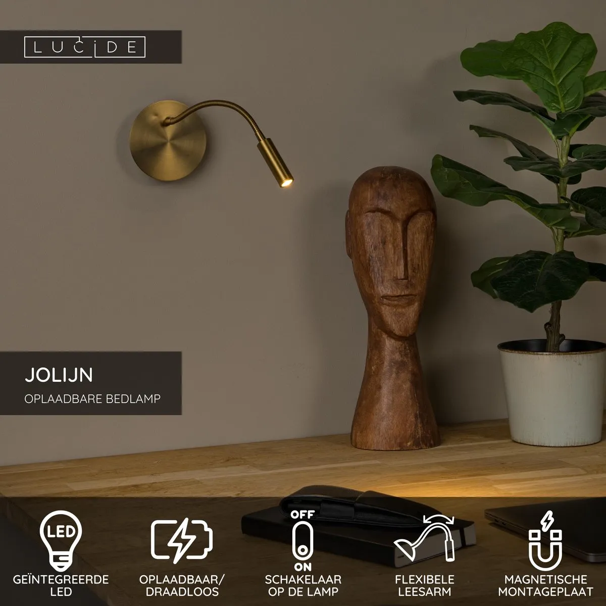 Lucide JOLIJN Oplaadbare Bedlamp Wandlamp 1x2W 3000K - Ø11cm Mat Goud/Messing
