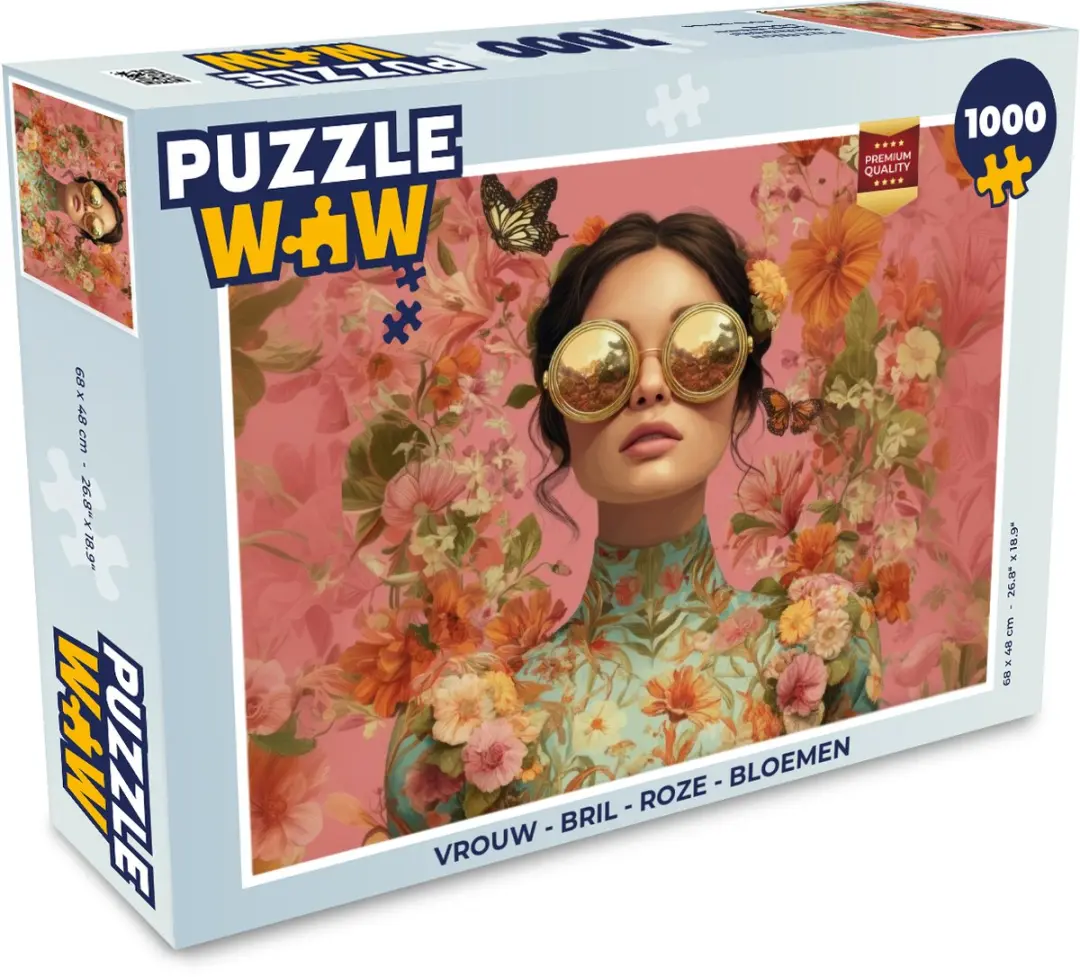 PuzzleWow Vrouw Bril Roze Bloemen Legpuzzel 1000 Stukjes