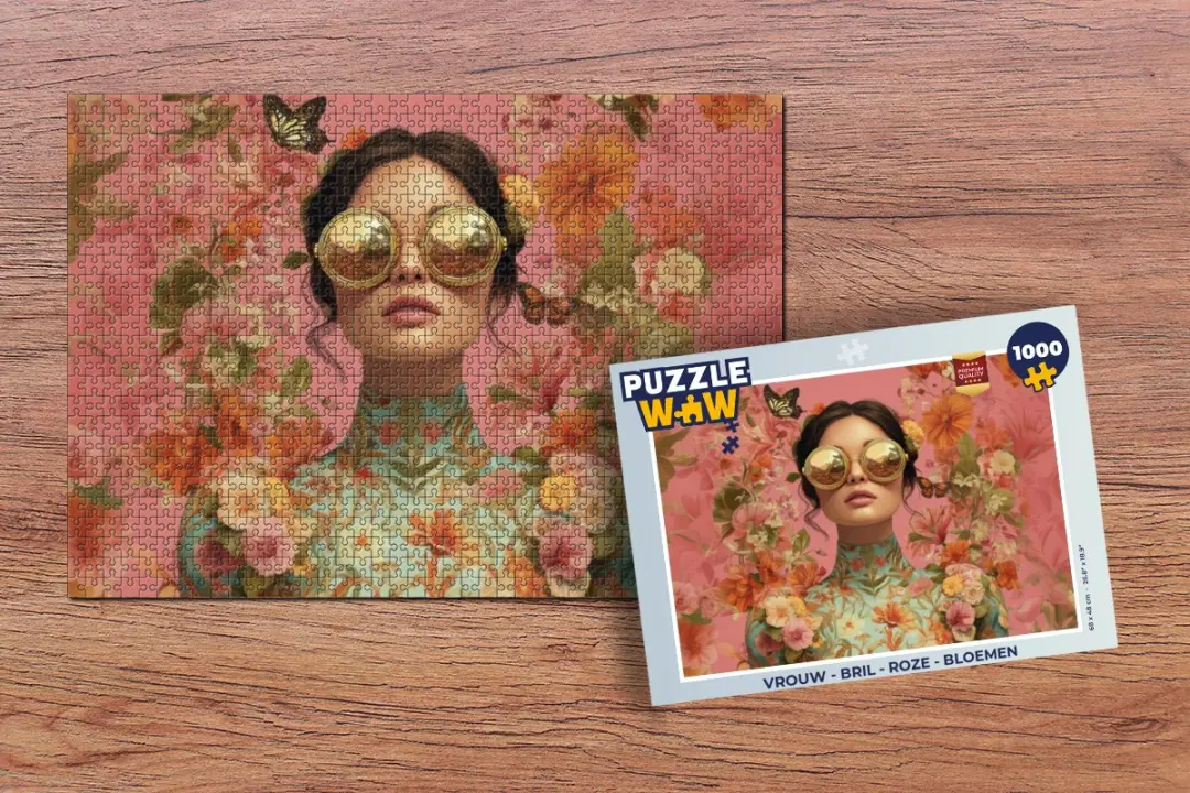 PuzzleWow Vrouw Bril Roze Bloemen Legpuzzel 1000 Stukjes