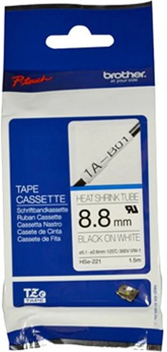 Brother HSe-221 Labeltape Krimpkous - 8,8mm Wit/Zwart 1,5m