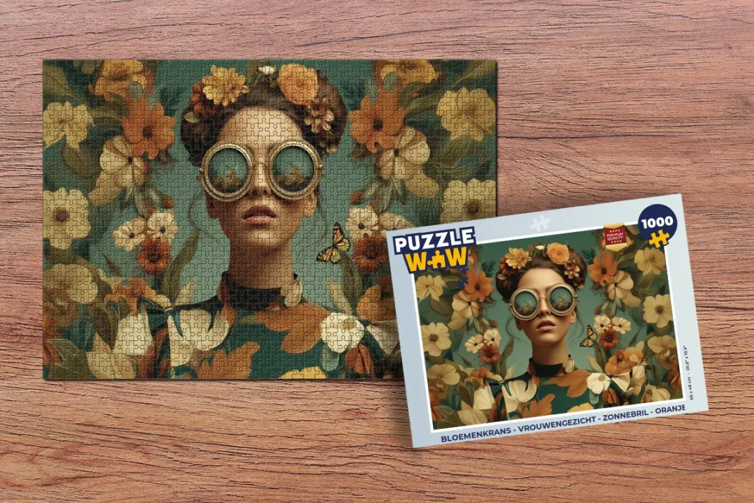 PuzzleWow Bloemenkrans Vrouwengezicht Zonnebril Legpuzzel 1000 Stuks - Oranje